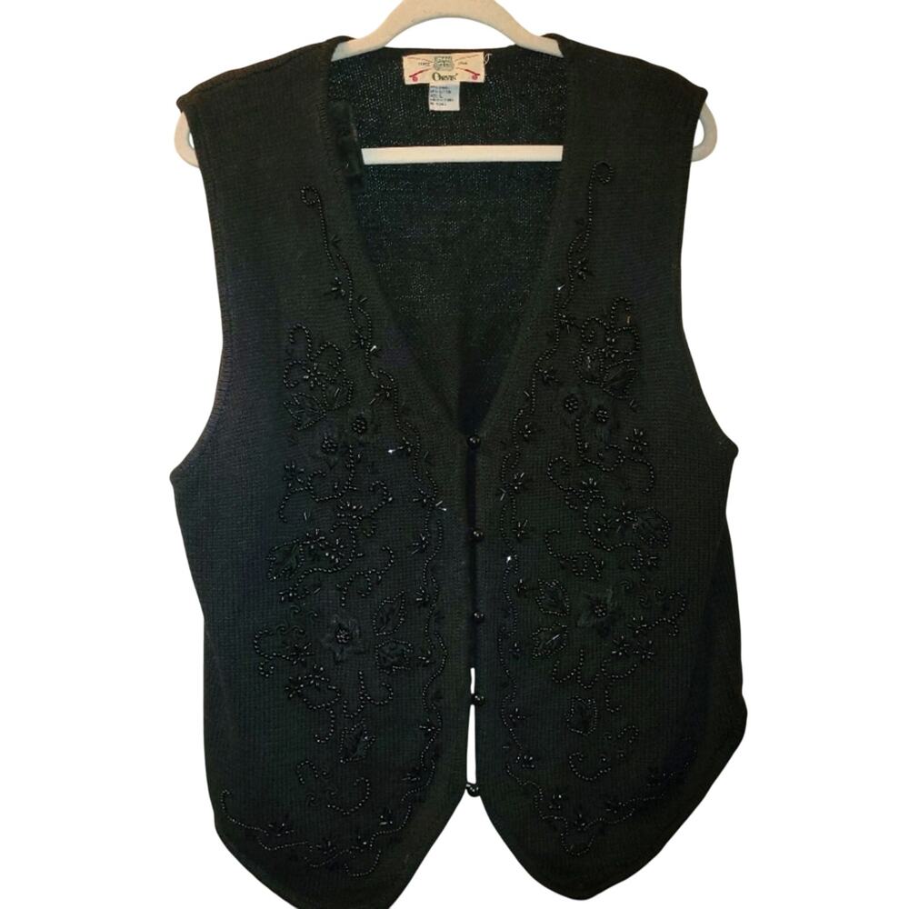 VTG Orvis Womens Beaded Sparkly Sweater Vest Black Fairy Grunge Whimsy Goth L